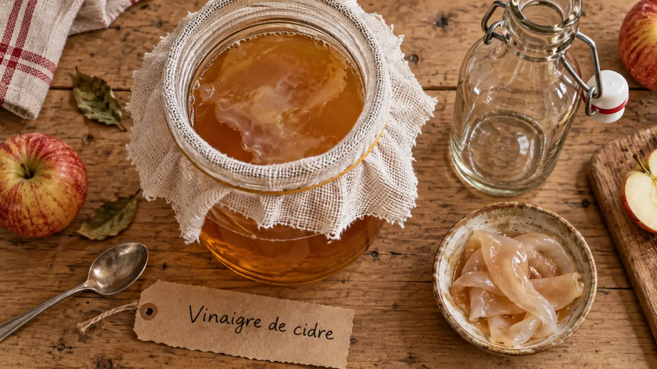 Comment faire vinaigre de cidre maison : bocal de cidre et mère de vinaigre
