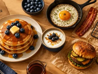 Cuisine americaine recettes : brunch pancakes au bacon, œuf au plat et sirop d’érable