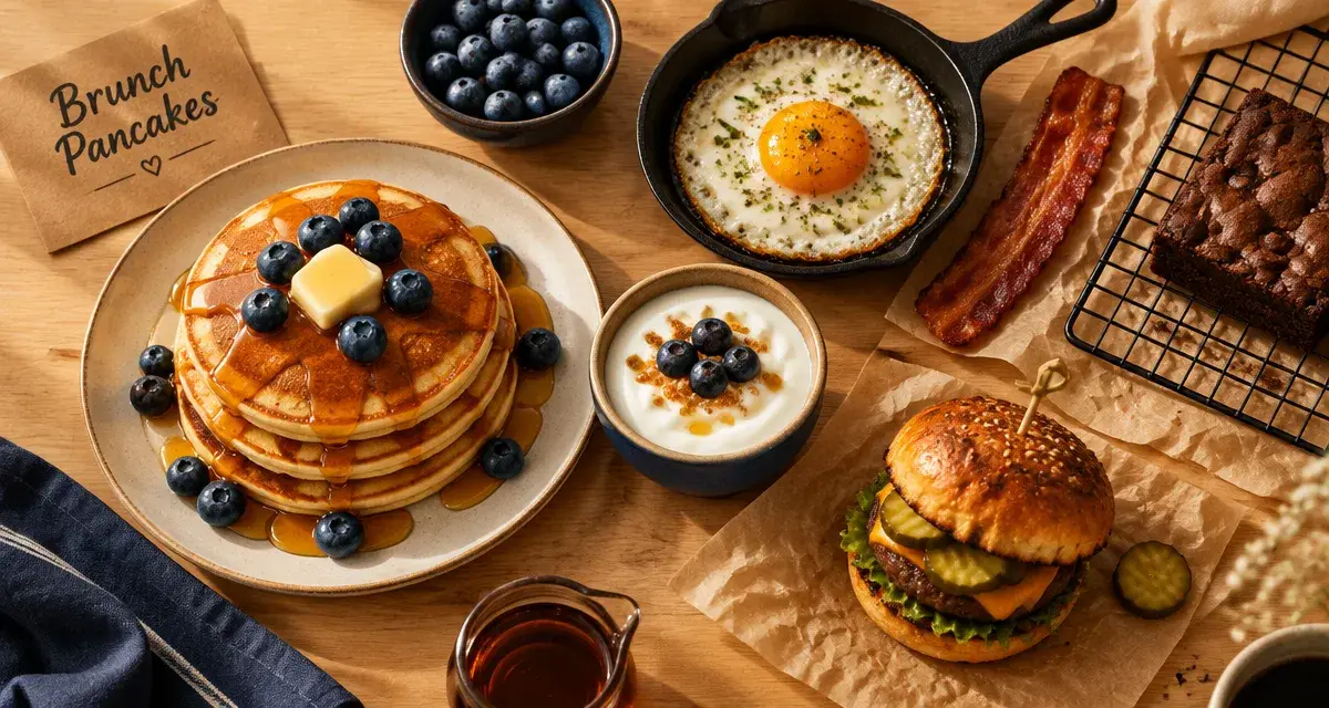 Cuisine americaine recettes : brunch pancakes au bacon, œuf au plat et sirop d’érable