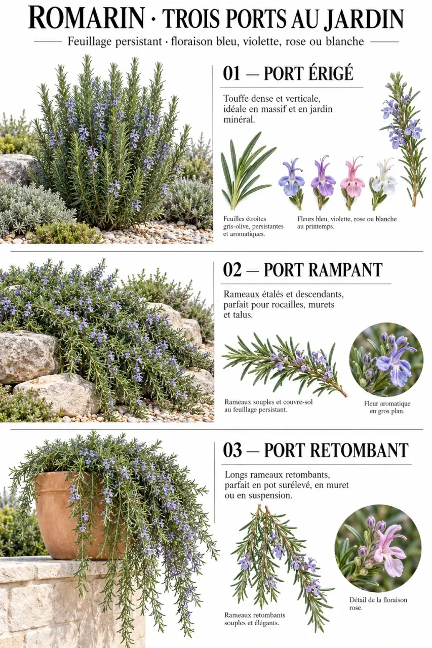 Les trois ports du romarin au jardin : érigé, rampant et retombant
