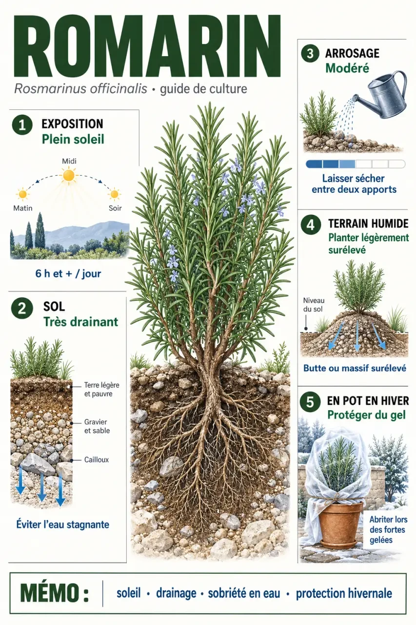 Infographie des besoins du romarin au jardin : soleil, drainage, arrosage et protection hivernale