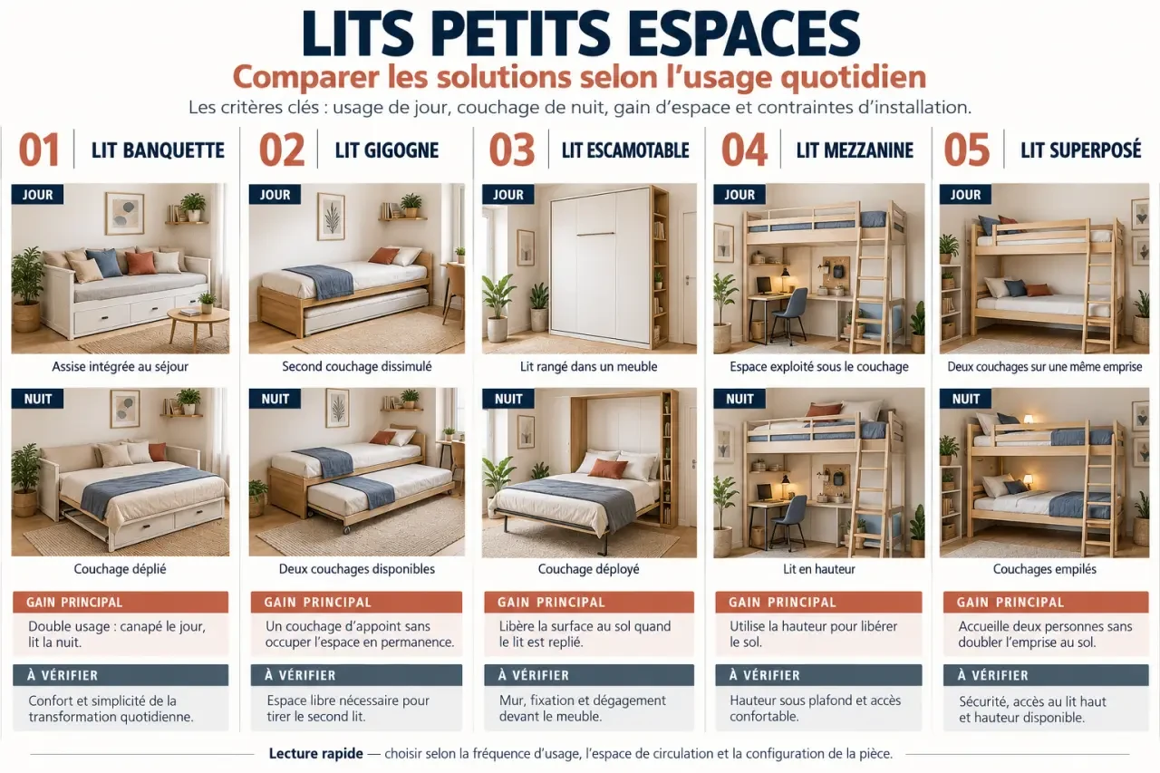 Infographie comparative des solutions de lit petit espace : banquette, gigogne, escamotable, mezzanine et superposé