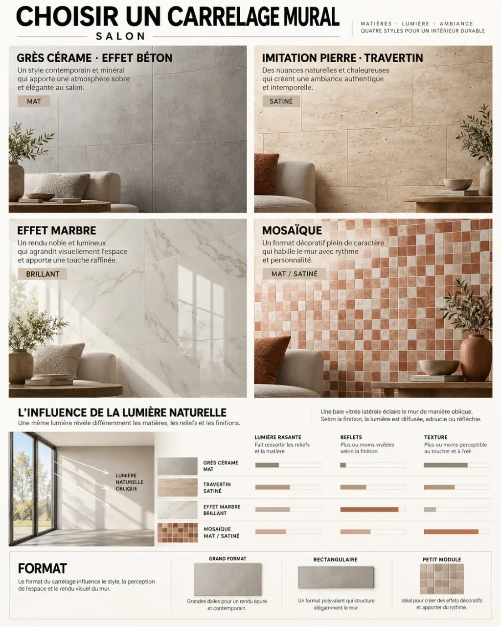 Infographie sur le carrelage mural salon : matériaux, effets, formats et finitions selon la lumière