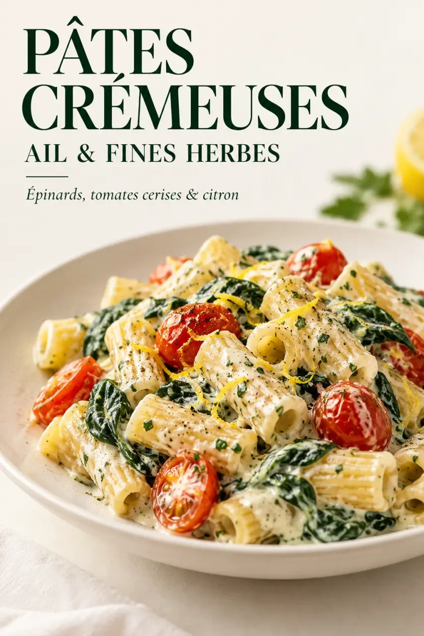 Boursin recettes cuisine : pâtes crémeuses aux épinards et tomates cerises