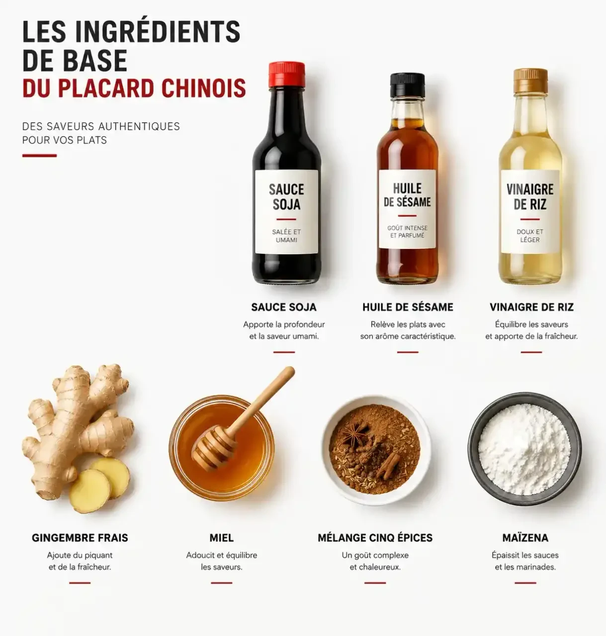 Ingrédients de base de la cuisine chinoise traditionnelle : sauce soja, huile de sésame, vinaigre de riz et gingembre