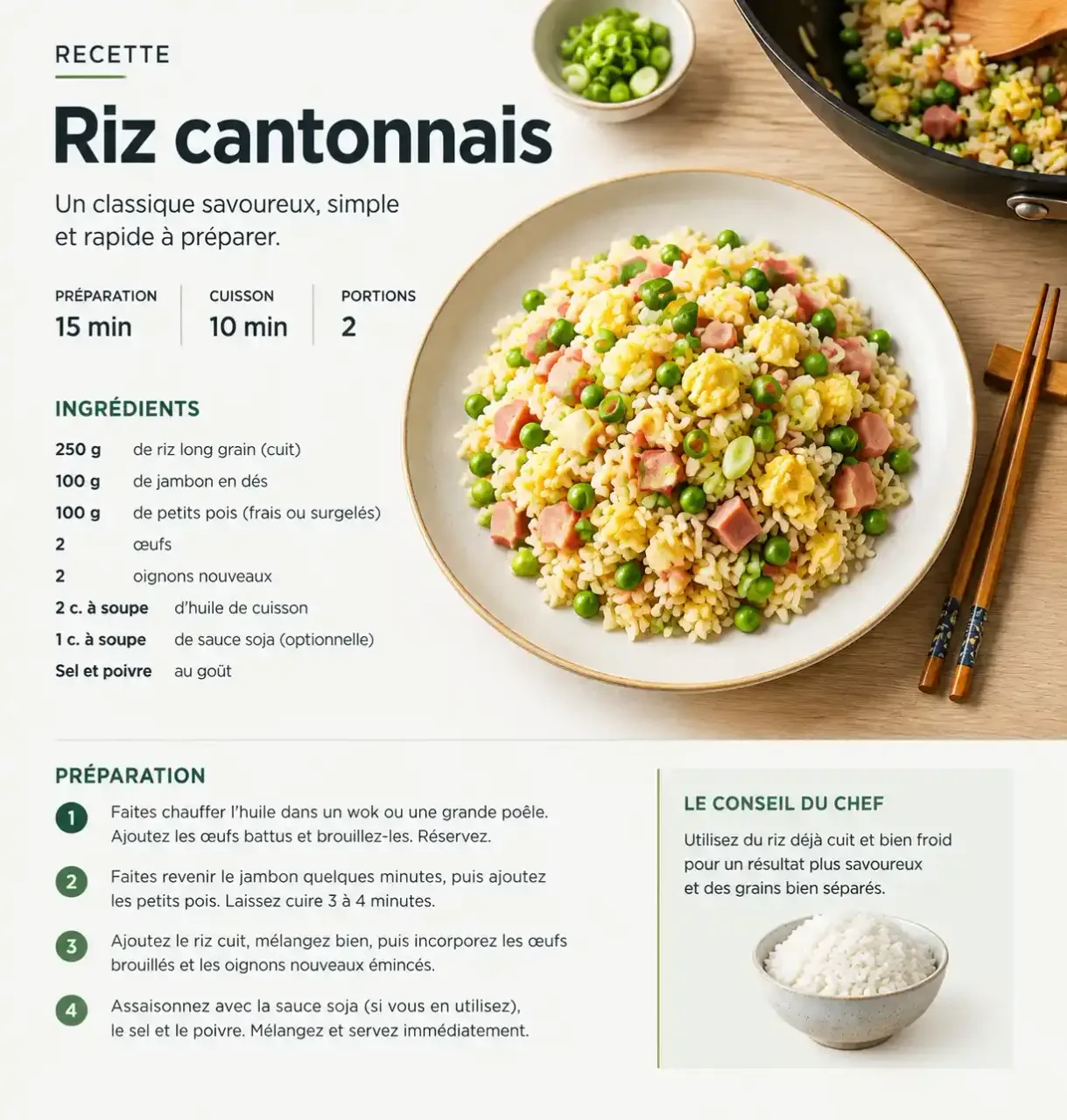 Recette cuisine chinoise traditionnelle : riz cantonais dressé dans une assiette, avec petits pois, jambon et œufs