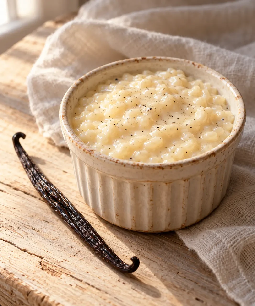 Vieilles recettes de cuisine de grand-mère : riz au lait à la vanille servi dans un ramequin