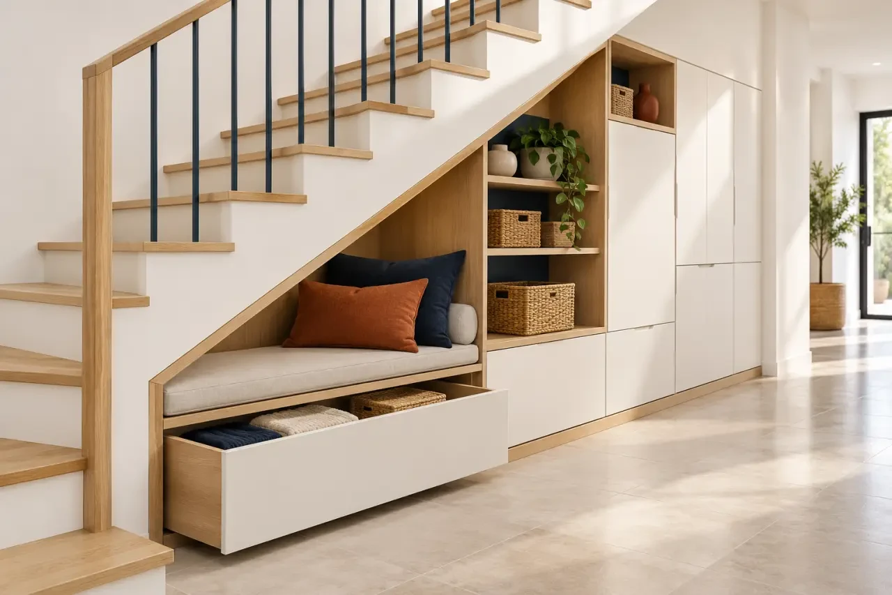 Aménager un angle perdu sous un escalier avec banquette et rangement