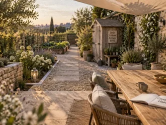 Extérieur aménagement jardin : allée en gravier de terrasse vers potager