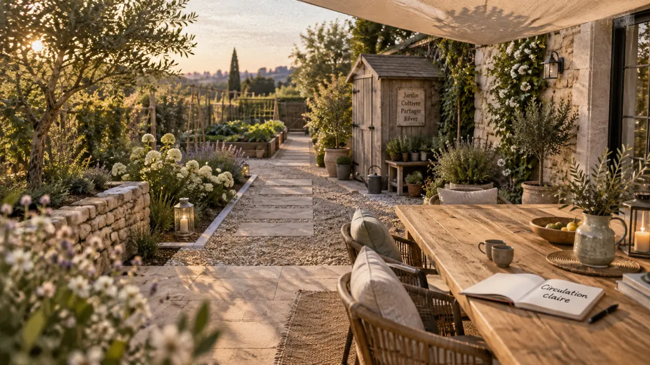 Extérieur aménagement jardin : allée en gravier de terrasse vers potager