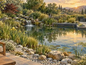 Idée aménagement bassin extérieur zen : berge en galets, plantes et eau avec cascade