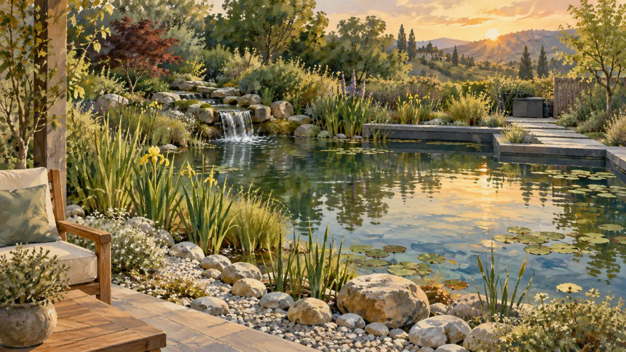 Idée aménagement bassin extérieur zen : berge en galets, plantes et eau avec cascade