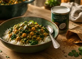 Idées repas végétarien : curry pois chiches et épinards au lait de coco