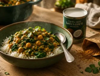 Idées repas végétarien : curry pois chiches et épinards au lait de coco