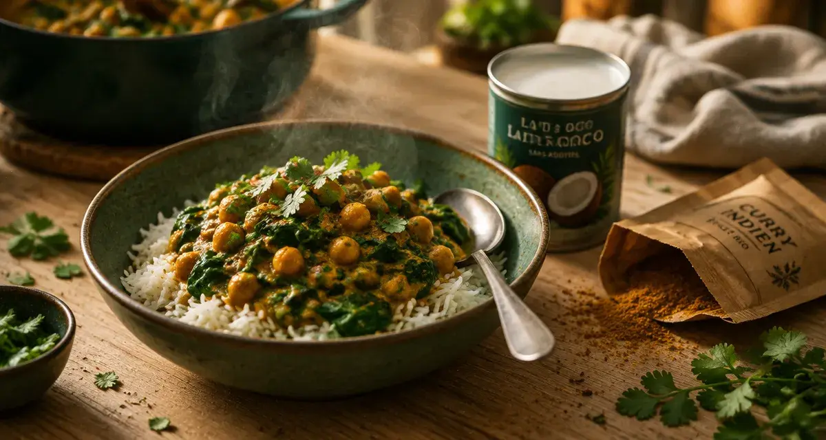 Idées repas végétarien : curry pois chiches et épinards au lait de coco
