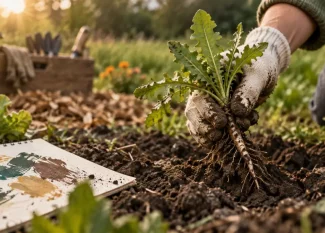 Liste et photo mauvaise herbes : main soulevant une adventice au potager