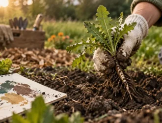 Liste et photo mauvaise herbes : main soulevant une adventice au potager