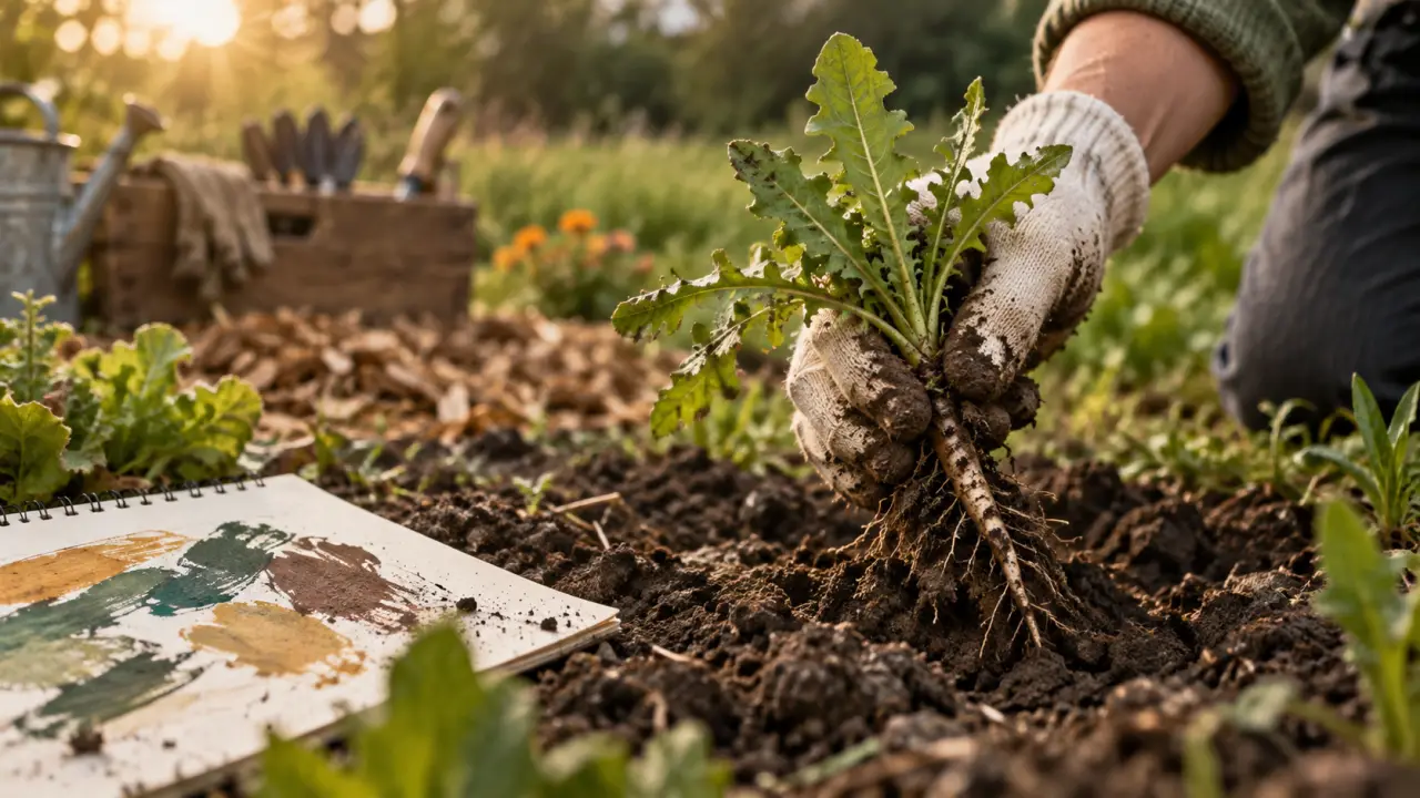 Liste et photo mauvaise herbes : main soulevant une adventice au potager