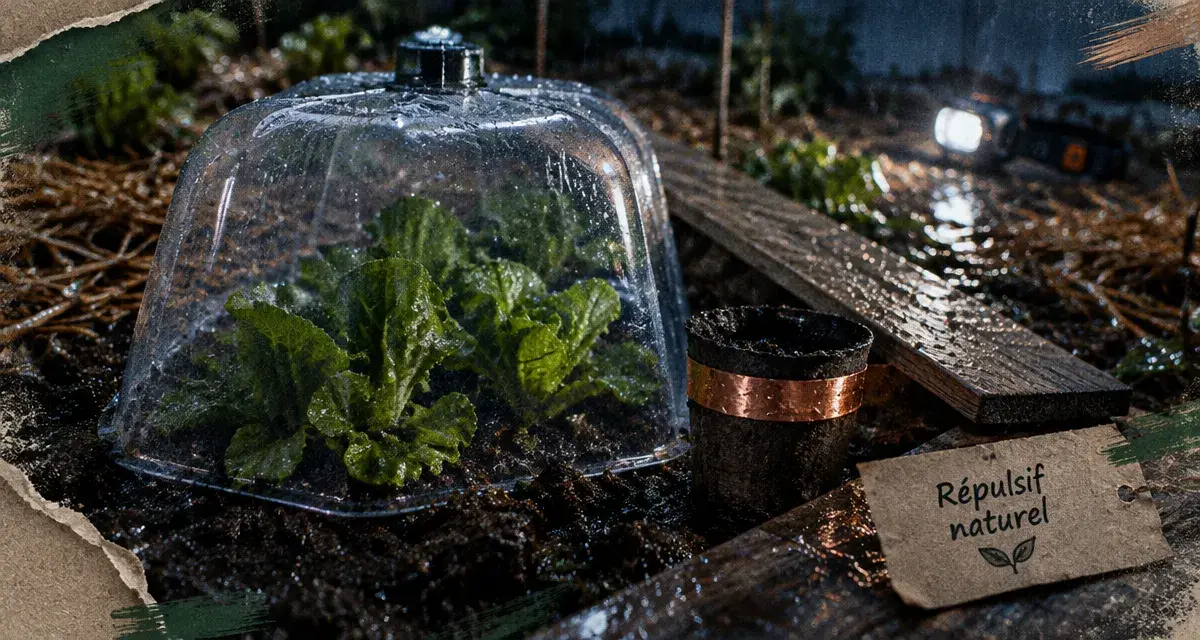 Répulsif limaces naturel : semis protégé par cloche transparente et ruban de cuivre