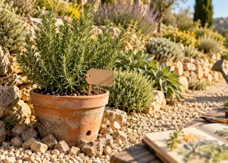 Romarin jardin en pot drainant sur rocaille au soleil