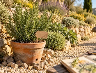 Romarin jardin en pot drainant sur rocaille au soleil