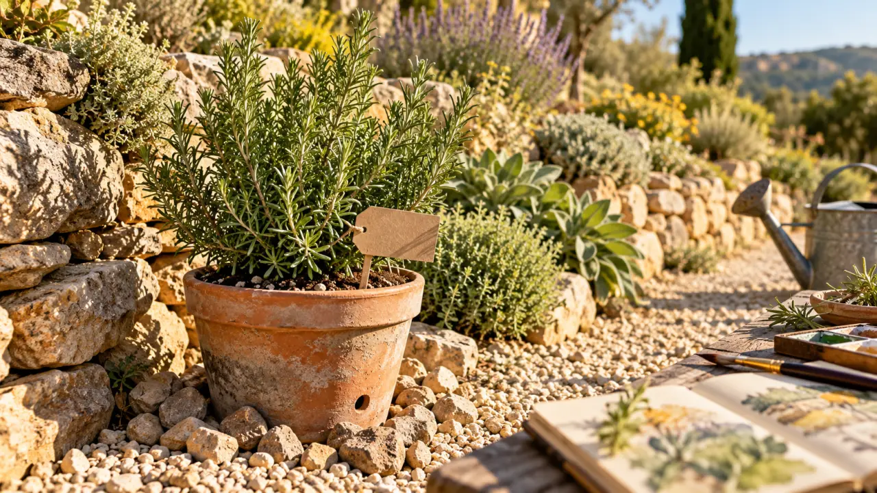 Romarin jardin en pot drainant sur rocaille au soleil